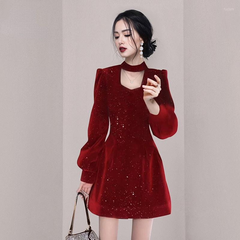 

Casual Dresses 2022 Fashion Vintage High Quality Red Party Dress Ladies Temperament Puff Long Sleeve Autumn Runway Vestidos, Black