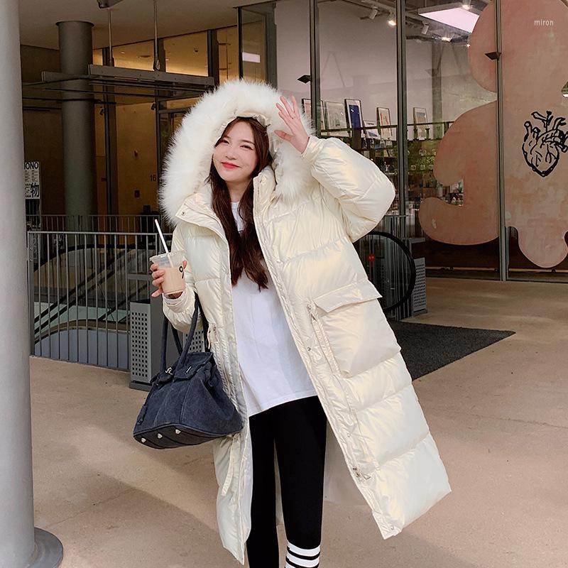 

Women's Trench Coats Drop Winter Fashion Waist Down Big Fur Collar Padded Jacket Women Long Over The Knee, Black