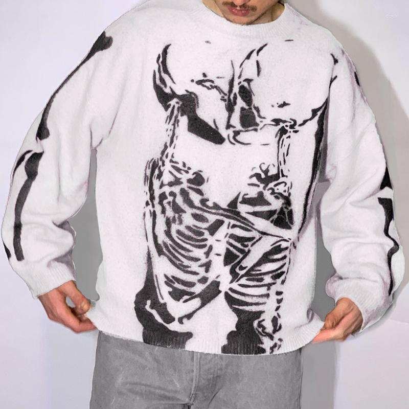 

Men's Sweaters Men's Oversized Sweater Black Loose Skeleton Bone Print Women's Retro Vintage Knit 2022 Fall Cotton Pullover Unisex, Bai