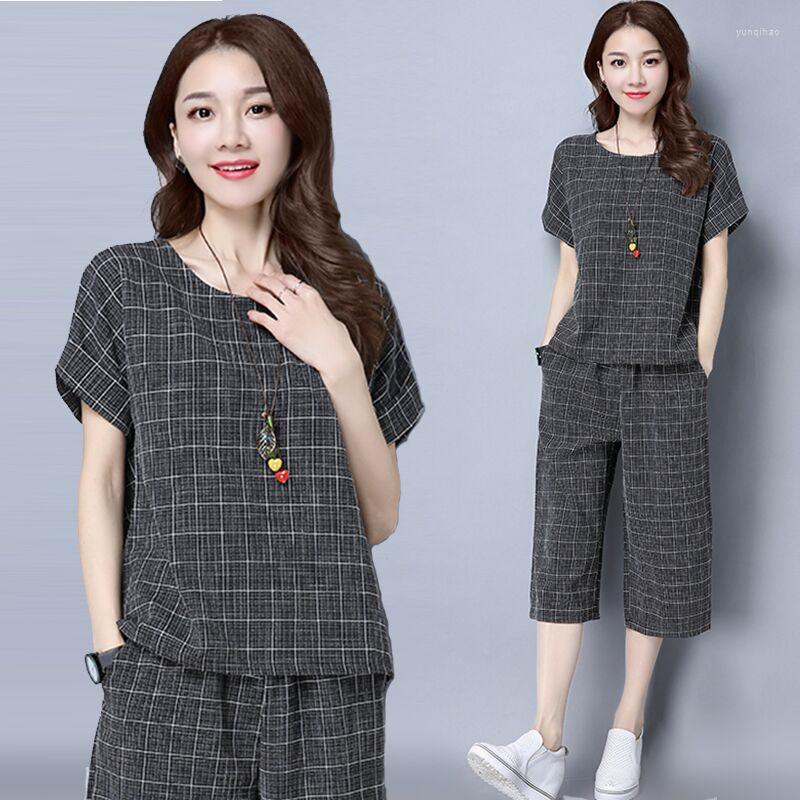 

Women's Two Piece Pants Women's Literature Vintage Loose Thin Seven Point Wide Leg Short Sleeve Lattice T-shirt Two-piece Set 40-100kg