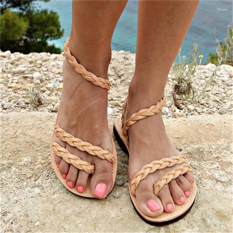 

Sandals Summer Flip Flops Gladiator Shoes Beach Cross Woman Slip On Flats Casual Woven Women Brown Plus Size 35-43