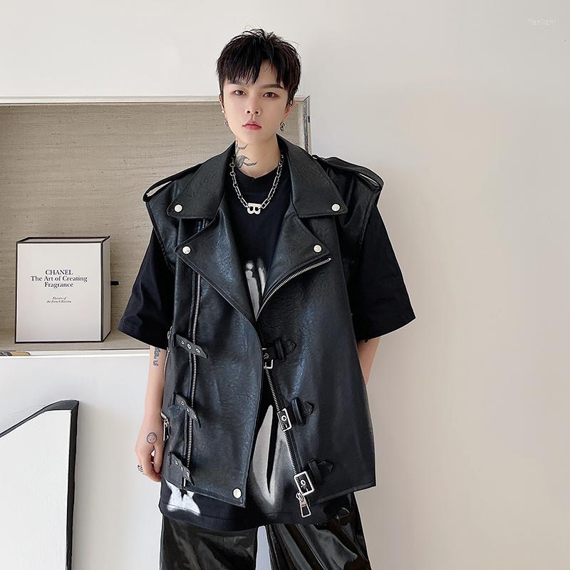 

Men's Fur Men Oblique Zipper Leather Motorcycle Vest Streetwear Fashion Loose Casual Punk Rock Waistcoat Jacket Man Women, H1538