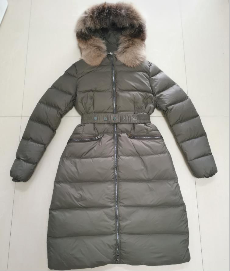 

Women Black long Down Jacket Designer Belt Coat Windproof Parkas Fox Fur White Duck Feather, Black short
