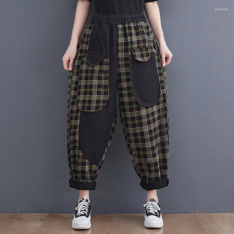 

Women's Jeans Fashion Plaid Checkered Trousers 2022 Spring Retro Vintage Women's Elastic Waist Patchwork Casual Cotton Denim Harem Pants, Picture color