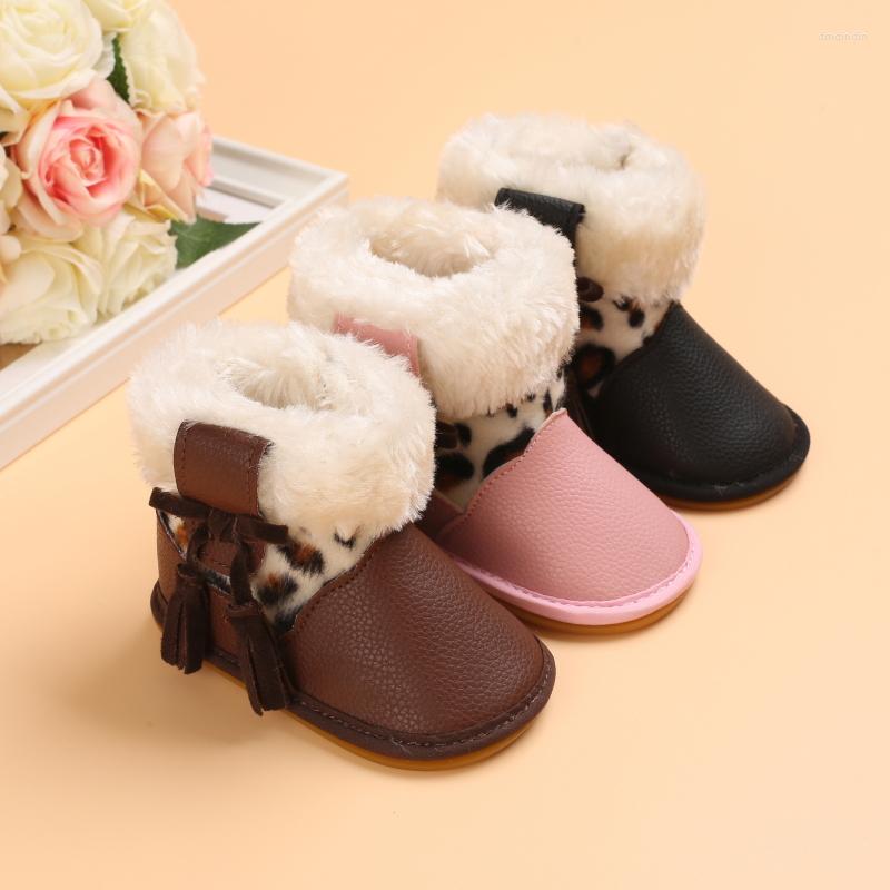 

Boots Cute Born Baby Girl Boy Rubber Sole Snow Winter Leather Infant Soft Bottom Shoes PU Furry Warm -18M