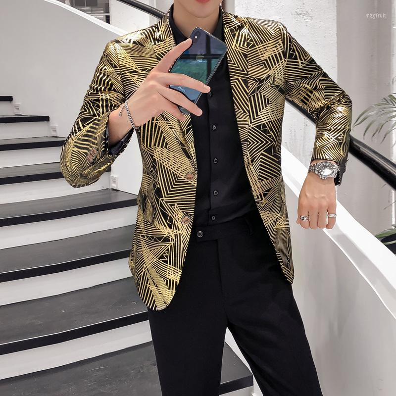 

Men's Suits Blazer Cetak Bergaris Emas 2022 Mode Kualitas Pria Jaket Setelan Ramping Pakaian Panggung Penyanyi Gaun Klub, As shown