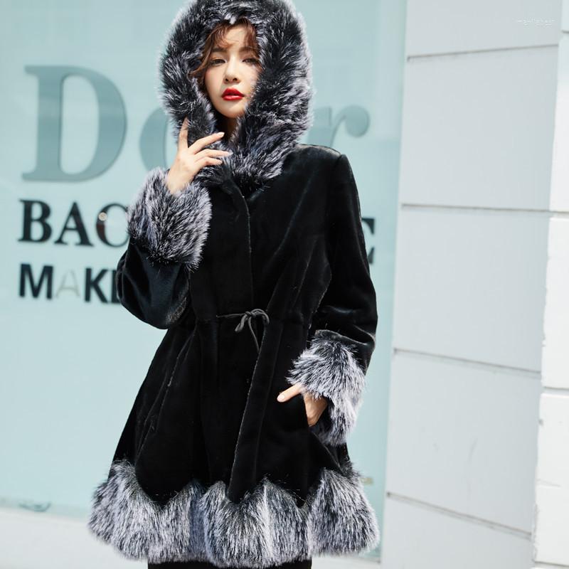 

Women's Fur Coats And Jackets Women The Korean Version Ruffle Hooded Imitation Mink Velvet Wave Pattern, Black