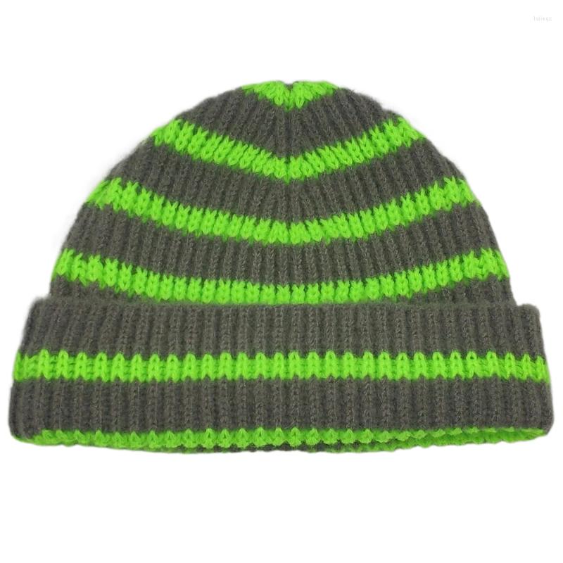 

Berets Short Knitted Striped Hat Winter Beanies For Ladies Men Warm Cuff Cap Orange Lime Green Pink