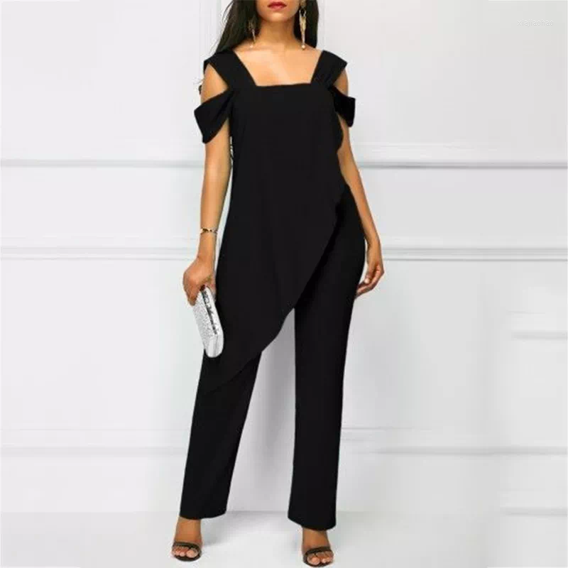 

Women's Two Piece Pants Europe America Concise Sexy Elegant Strapless Solid Color Asymmetric Comfortable Jumpsuit Plus Size Woman, Black