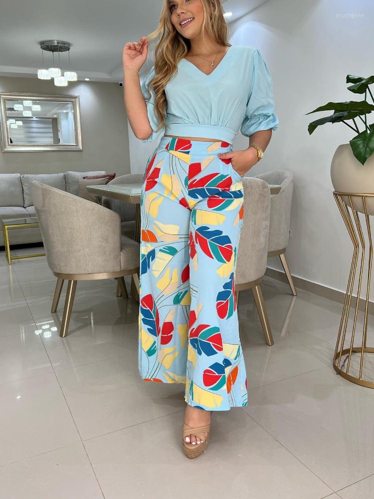

Women' Two Piece Pants Set Women 2022 Summer Print Elegant Sexy V-neck Half Sleeve Top High Waist Wide Leg 2 Outfits, Pink