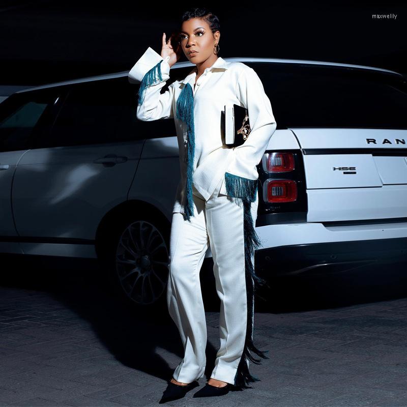 

Women' Two Piece Pants POFGD 2022 Tassel Fashion Casual Street Style Women Suit Long Sleeve Lapel Shirt Elastic Pure Color Set, White
