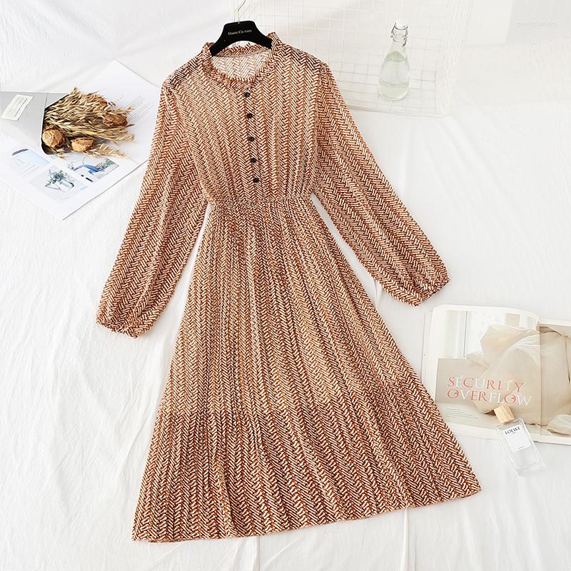 

Casual Dresses Women' Elegant Floral Print Autumn Pleated Dress Retro Long Sleeve Chiffon Shirt 2022, Red