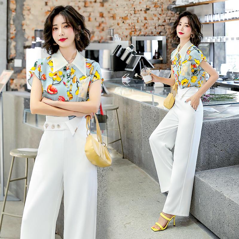 

Women's Tracksuits 2022 Summer Women Suits Set Fashion Elegant Floral Top Ladies Two Pieces Wide Leg Pant Short Sleeve, Yellow