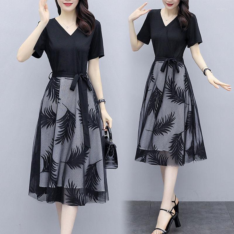 

Casual Dresses Dress Female 2022 Summer Mid-length Large Size Waist Slimming Mesh Stitching A-line Skirt Vestidos, Black