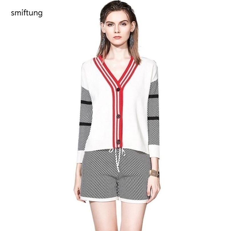 

Womens Two Piece Pants wholesale smiftung Spring womens knitted sweater and shorts suit Autumn fashion England style long sleeve 221010, White