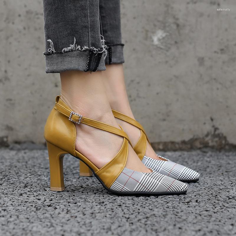 

Sandals Summer Women's Shoes Thick Heels High Plaid Baotou Cross Large Small 40 41 42, Beige