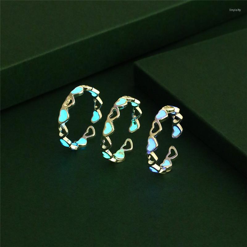 

Wedding Rings Punk Hollow Heart Luminous Ring Glow In Dark Silver Color Open For Women Friends Gift Vintage Fashion Jewelry Adjustable