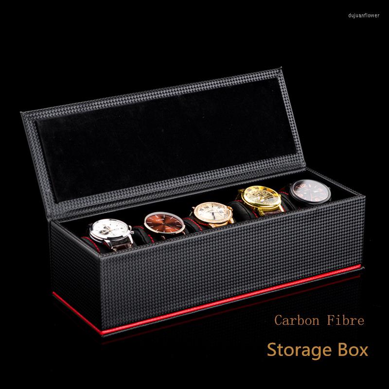 

Watch Boxes 5 Slots Leather Storage Box Case Black Carbon Fibre Display Men's Mechanical Gift Collection