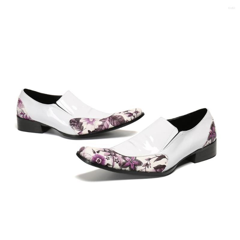 

Dress Shoes Summer Casual Mens Leather Brogue Printed White Genuine Business Suits Fashion Pointed Toe Slip-on