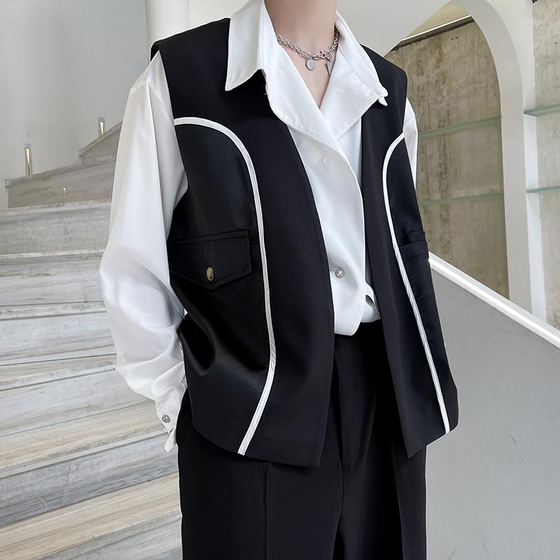 

Men's Vests Satin Splice Blazer Men Korean Streetwear Fashion Vintage Loose Casual Suit Vest Coat Male Sleeveless Jacket Waistcoat, Creamy-white 363