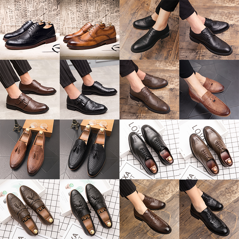 

Luxury brogue oxford pointed toe leather shoes lace up buckle tassel woven pattern high end men's fashion formal casual leather shoes large sizes, 28001 black