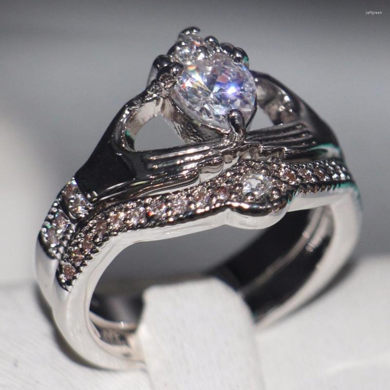 

Wedding Rings Size 5-11 Choucong Unique Desgin Vintage Jewelry Claddagh 10KT White Gold Filled Clear 5A CZ Women Heart Couple Ring Set