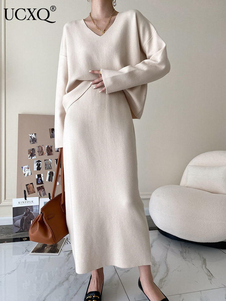 

Two Piece Dress UCXQ Women Maxi Skirt Set Knitting Elegant Solid High Waist Loose Fit Autumn Fashion 23KX722 221010, Apricot skirt