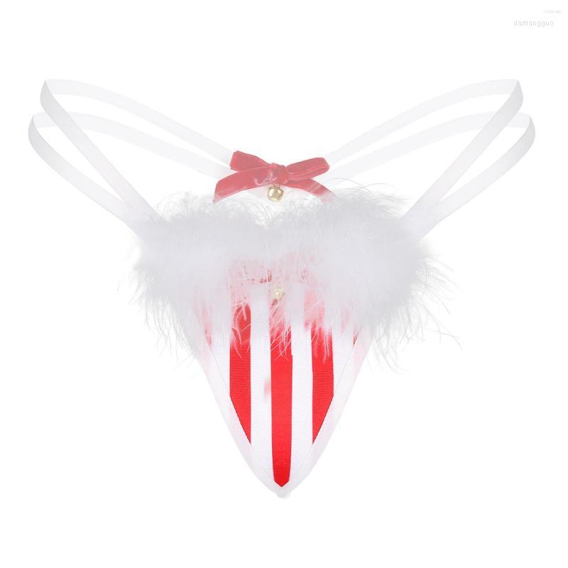 

Women' Panties Women' Christmas Costumes Women Striped Lingerie G-String Underwear Feather Trimming Bowknot Bell T-Back Thongs Briefs, Red