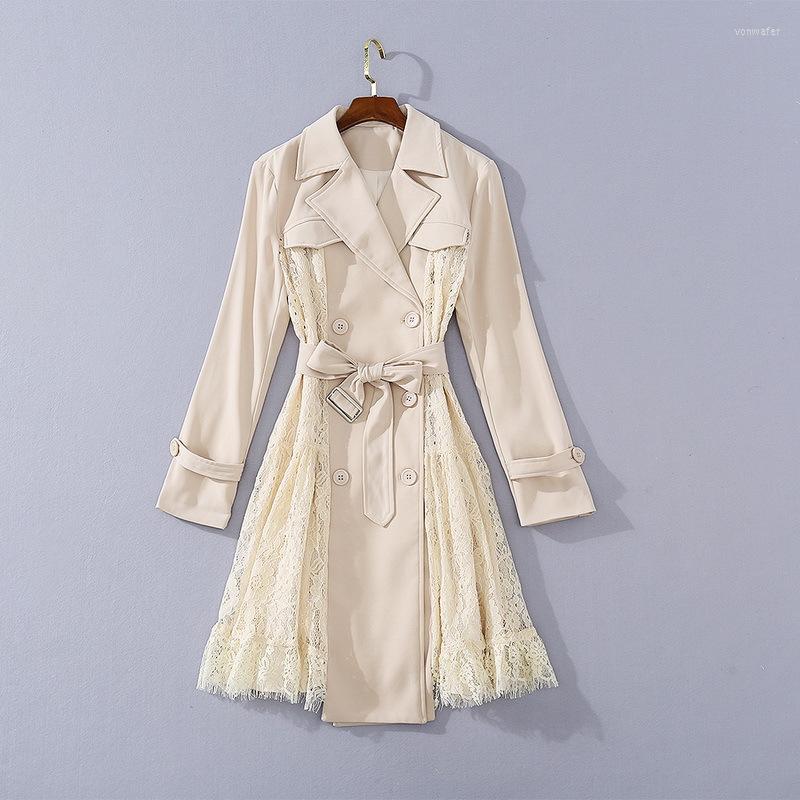 

Women' Trench Coats European And American Women' Clothing 2022 Summer Style Long Sleeve Double-breasted Stitching Lace Fashion Coat, Khaki
