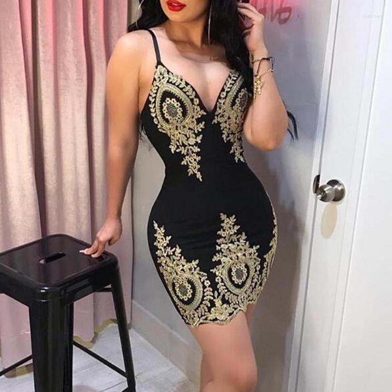 

Casual Dresses Womens Slim Print Dress Fashion Sling Spaghetti Bodycon Lace Strappy Evening Party Mini Short V Neck, Black