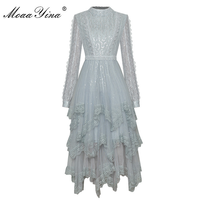 

Two Piece Dress MoaaYina Fashion Designer dress Spring Women' Long sleeve Patchwork Mesh Sequins Cascading Ruffle Asymmetrical es 221010, Gray