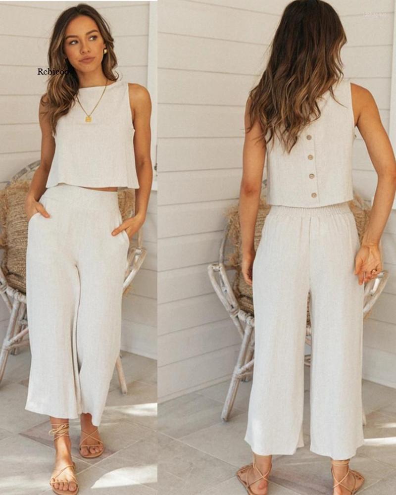

Women' Two Piece Pants Women Fashion O Neck Ruffled Top Trousers Suit Summer Elegant Solid Color Sleeveless High Waist Set, Beige