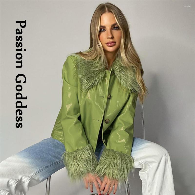 

Women' Leather Fashion Cute Women Bright PU Jacket With Fur Collar Sleeves Single-breasted Warm Outwear Coat Shiny Loose Jackets Autumn, Black