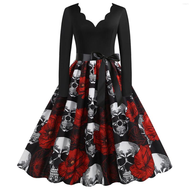 

Casual Dresses Autumn Winter Halloween Dress Women Long Sleeve V Neck Pumpkin Print Costume Party Vintage Swing Clothing, Red-6