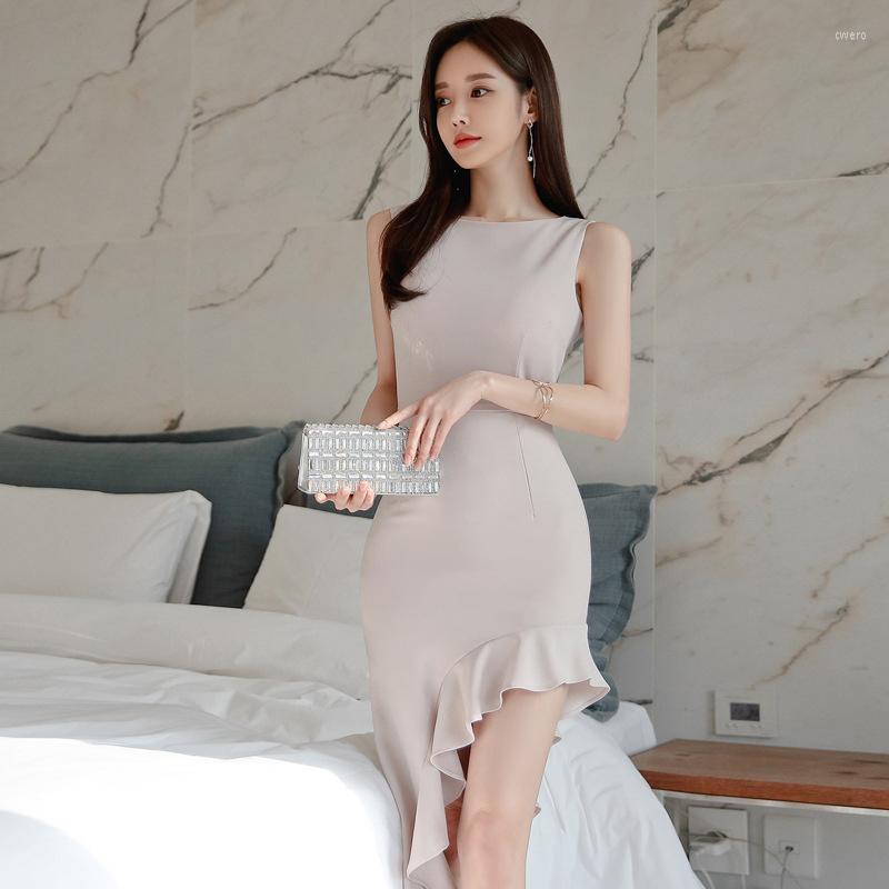 

Casual Dresses Arrival Women Fashion Bodycon Dress Temperament Korean Style Summer Elegant Ruffles Sleeveless Chiffon Asymmetrical, Khaki