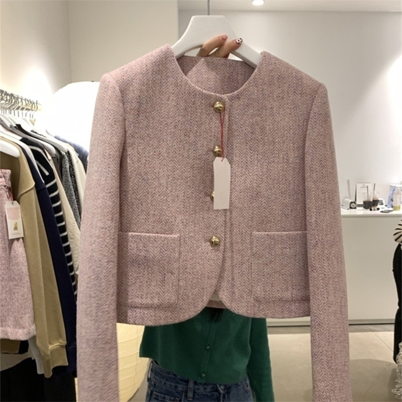 

Women' Leather Faux Women Jacket O Neck Long Sleeve Pink Blazer Jaqueta Feminina Woolen Coat Chaquetas Para Mujer Chic Elegant Tweed Clothes 221010