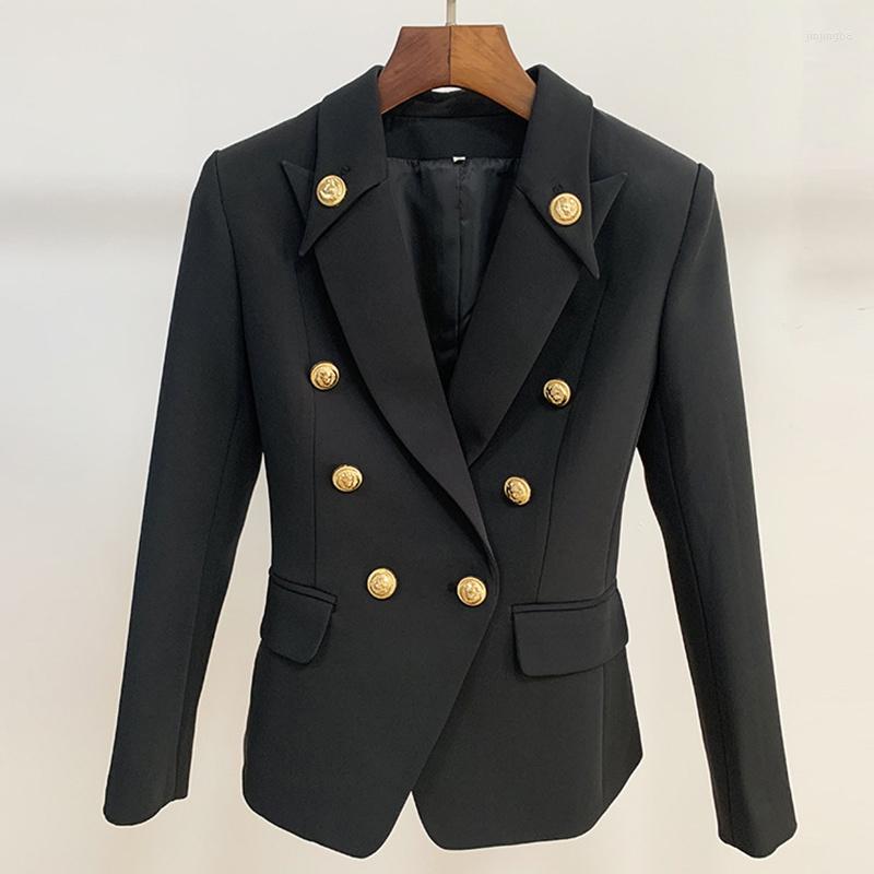 

Women' Suits Black Blazers Women Jackets Notched Neck Decoration Double Breasted Gold Buttons Office Blazer Mujer High Quality