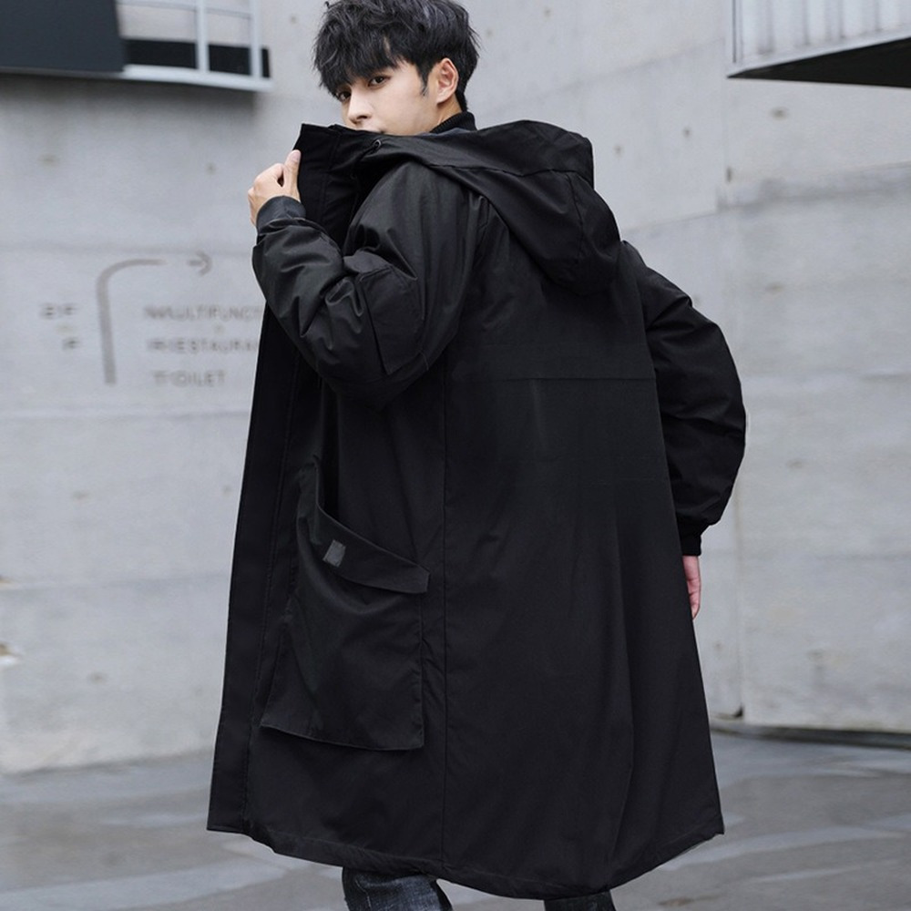 

Men's Jackets Korean Fashion Long Jacket Men With Hood Pure Black Hooded Windbreaker Jacket Overcoat Autumn Men Big Pockets Large Size 221010