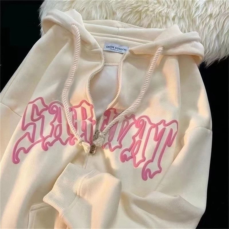 

Womens Hoodies Sweatshirts Y2K Women Letter Print Harajuku Long Sleeve Zip Up Hip Hop Hooded Jacket Female Autumn Vintage Oversize 221010, Pink