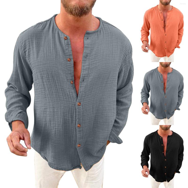 

Men's Casual Shirts Mens Shirt Male Autumn Solid Fold Collarless Long Sleeve Button Blouse Camisa Masculina, Black