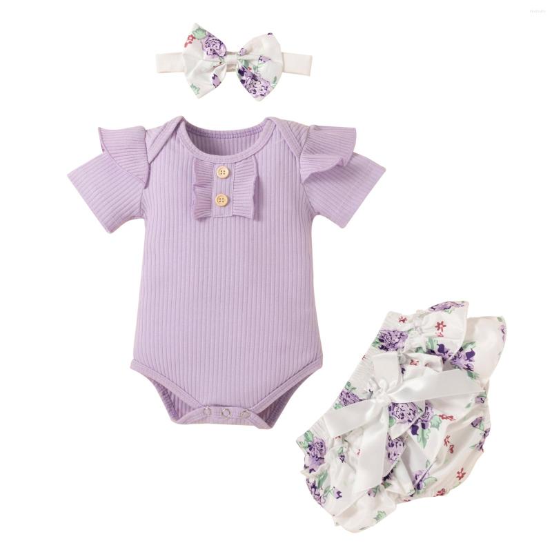 

Clothing Sets Infant Baby Girls Clothes Set Solid Color Short Sleeve O-neck Romper Floral Print Shorts Bow-knot Headband, Picture shown