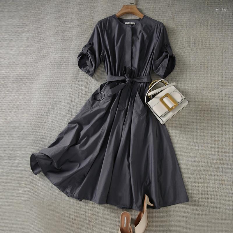 

Casual Dresses Summer Women Chic Fashion Button-Up Midi Shirt Dress Vintage Short Sleeve Elastic Waist Female Vestidos 3XL 2022dresses, Dark grey
