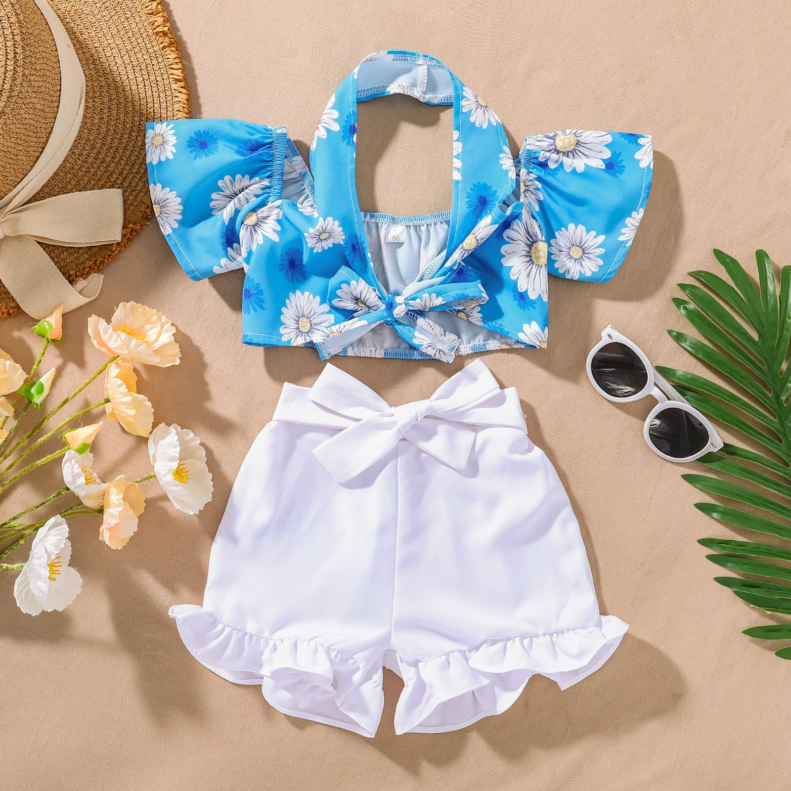 

Lovely Infant Baby Girls Clothes Sets Ruffles Floral Short Sleeve Shirt Tops Shorts 2pcs Outfit, As picture
