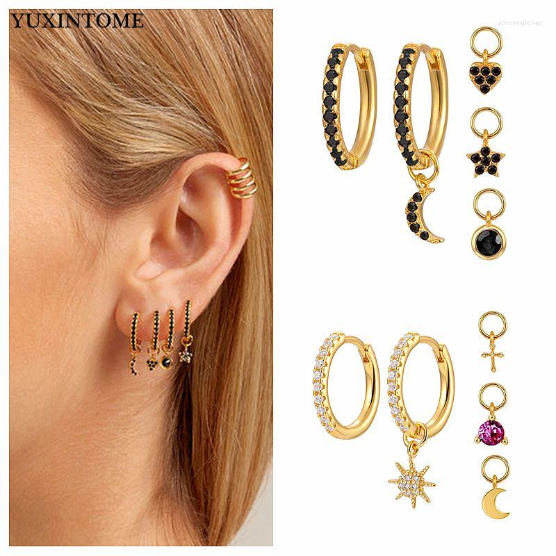 

Hoop Earrings 925 Sterling Silver Ear Needle Crystal Zircon Pendant Earring Set Star Moon/Feather Women's Party Huggie Jewelry Gifts
