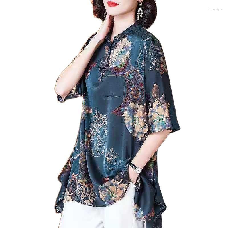 

Women's Blouses Women Spring Summer Style Shirts Lady Casual O-Neck Short Sleeve Flower Printed Long Tops DF4131, Blue