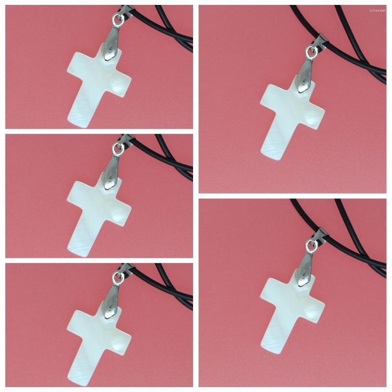 

Choker 5pcs 16mmx22mm Cross Shape White Shell Mother Of Pearl Pendant Black Rope Necklace 17.5inches