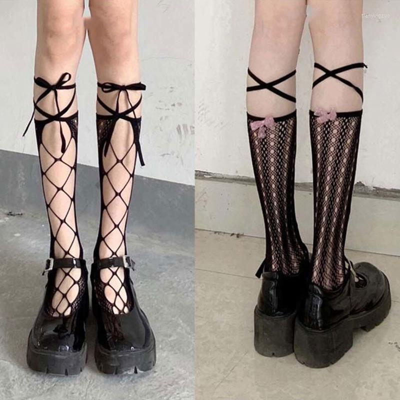 

Women Socks Japanese Woman Thigh High Stockings Gothic Black Hollow Jacquard Bow Mesh Lace Female Harajuku Over The Knee, Style p