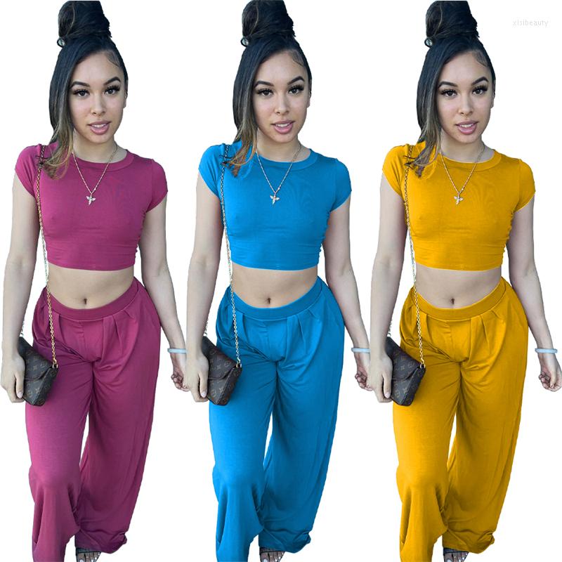 

Women' Two Piece Pants Casual Ladies Outfits Short Sleeve Crop Tops Wide Leg Summer Women Set, Gold