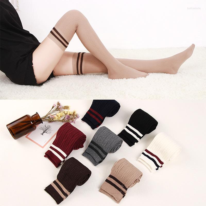 

Women Socks Autumn Japanese Knee Long Tube Solid Color Cotton Pattern Knitting Jk Two Striped Thigh Highs, Wine red
