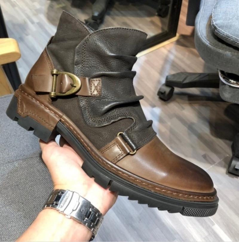 

Boots 38-48 High-top Men's Winter Brown Car Stitching Solid Color Captain Jack Belt Buckle Retro Motorcycle, Black